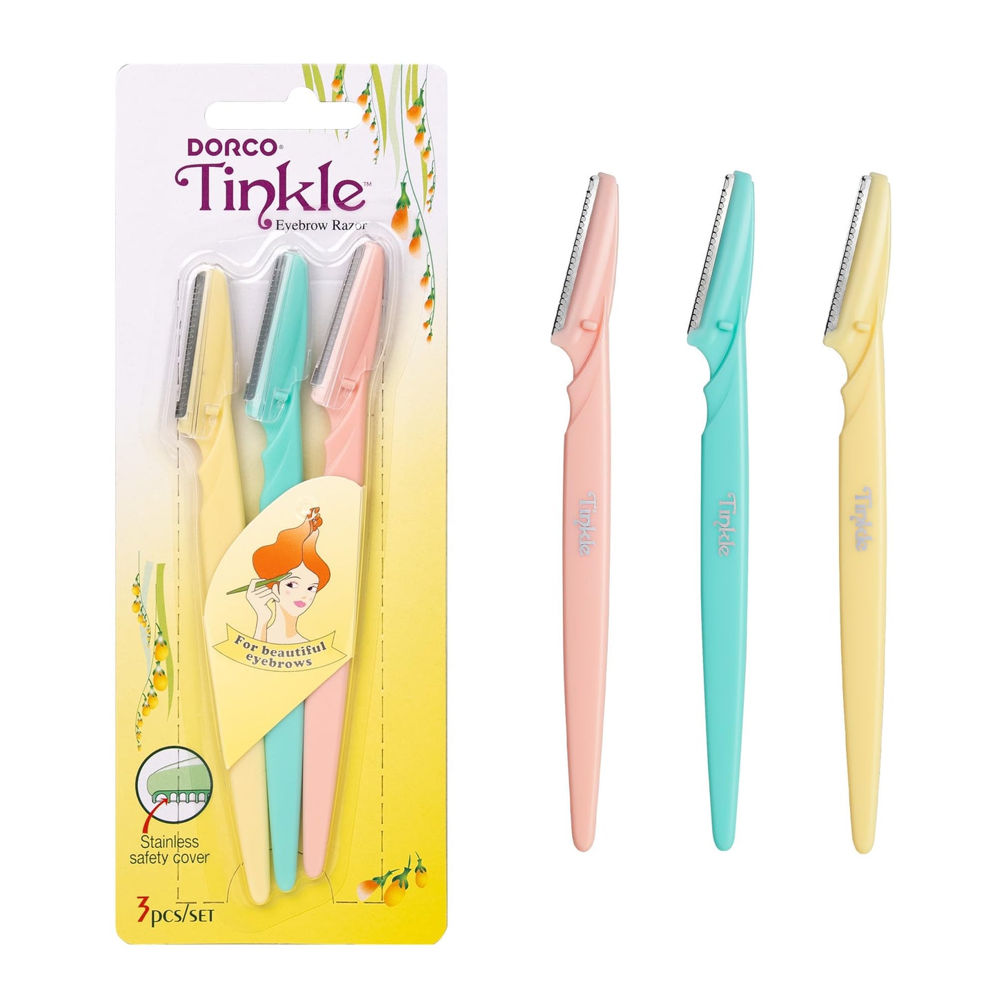 Tinkle Dermaplaning Tool 3ct, Dermaplane Razor for Women, Safe and Easy Peach Fuzz Remover, Eyebrow Trimmer with Protective Cover, Stocking Stuffers