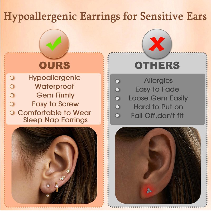 Gold Flat Back Earrings Stacks Hypoallergenic Cartilage Earrings for Women,20G Lobe Tragus Helix Conch Piercing Jewelry,Dainty 14K Gold Plated Stud Hoop Earring Set