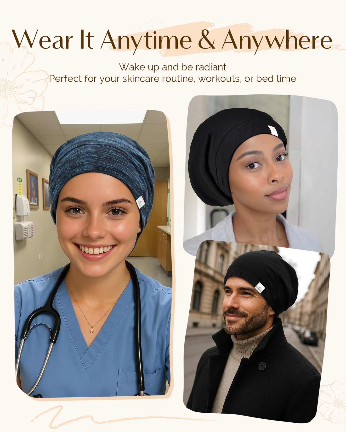 YANIBEST Hair Cover Bonnet Satin Sleep Cap - Adjustable Stay on Silk Lined Slouchy Beanie for Night Sleeping Surgical Hats Pure Black