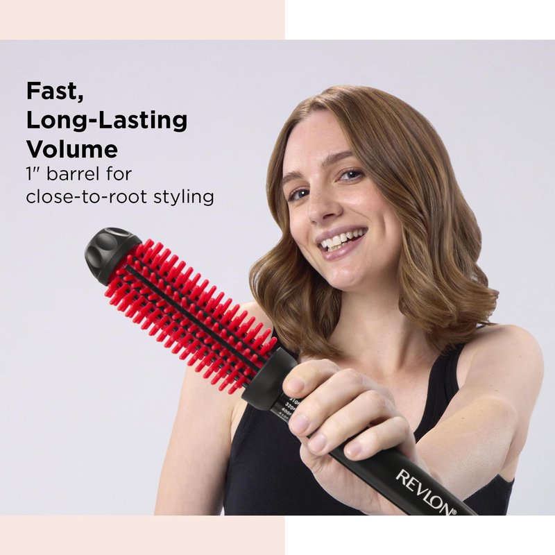 REVLON SmoothStay Coconut Oil Infused Heated Styling Brush, 1 Inch Thermal Round Curling Tool, Silicone Bristles, Adjustable Temperatures, Shiny Voluminous Finish, Black/Red