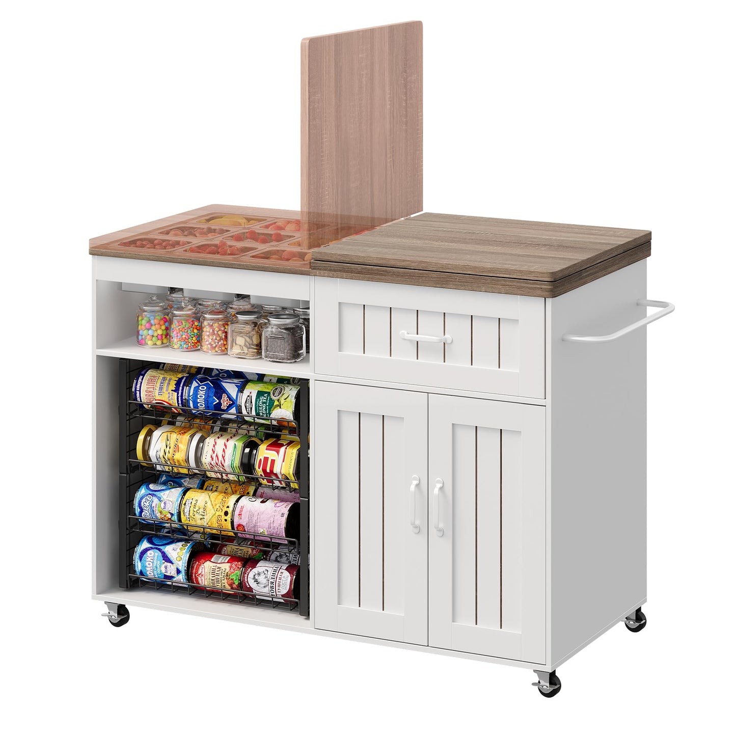 WLLPNG 47.2" Rolling Kitchen Island with Storage and 9 Stainless Steel Food Pans, Kitchen Island with Drawers and Foldable Prep Surface, Charcuterie Cart Island Table for Kitchen Party