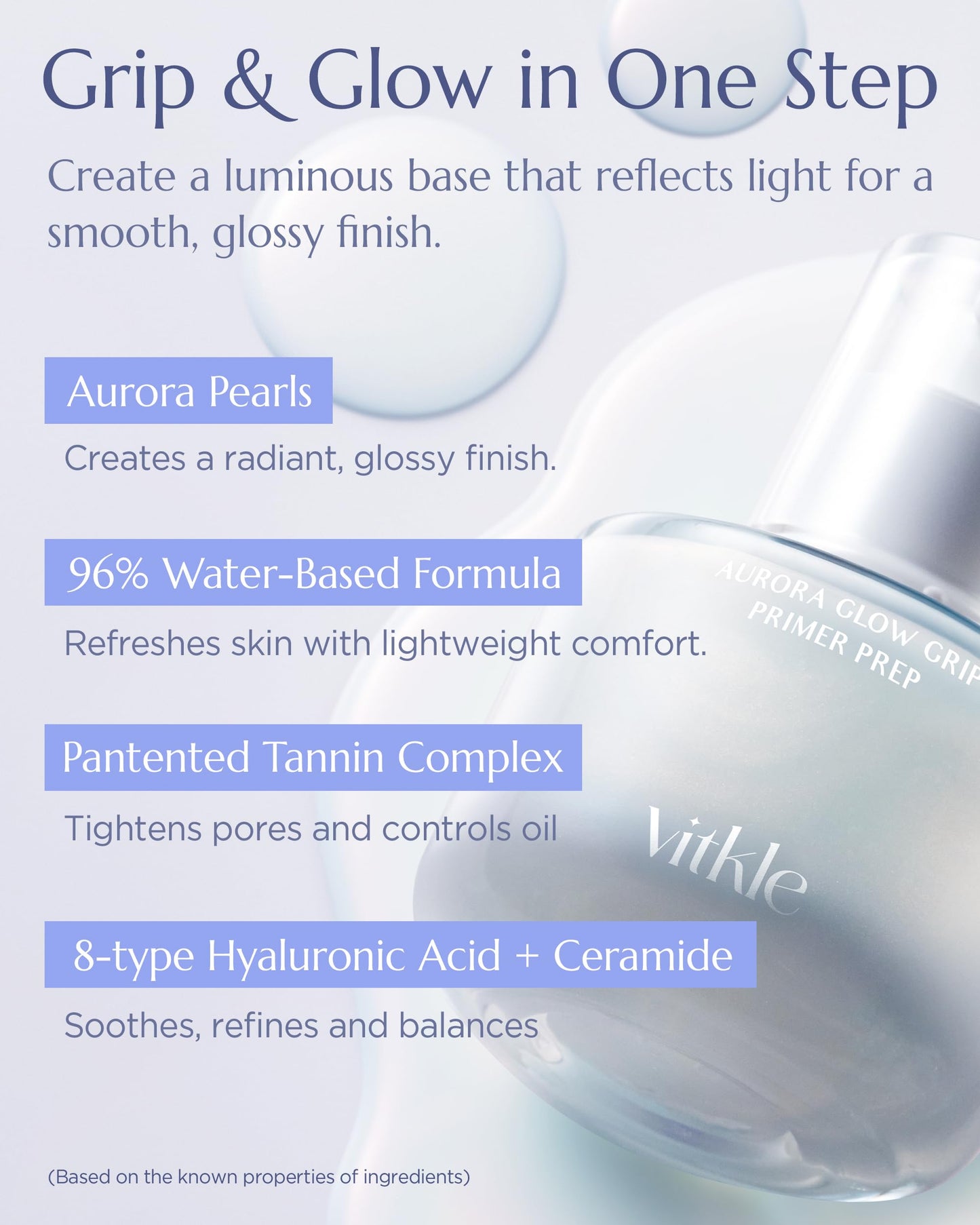Vitkle Aurora Glow Grip Primer Prep - Korean Illuminating Makeup Base for Radiant Skin - 8-Layer Hyaluronic Acid and Ceramides - Pore Minimizing, Sebum Control, Long Lasting Makeup, 1.01 fl.oz.