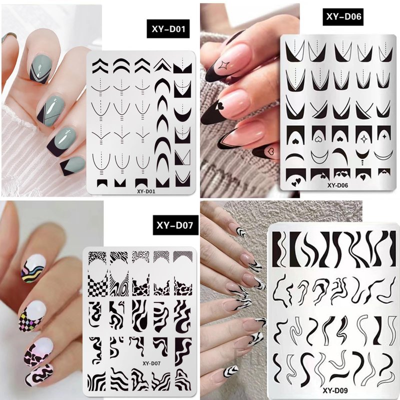 French Line Nail Stamper Plates Kit, 4Pcs Nail Stamping Plates + Dual-end Silicone Nail Stamper Tool Set, French Tip Geometric Wave Strips Snake Art Printing Template Home Salon DIY Design Manicure