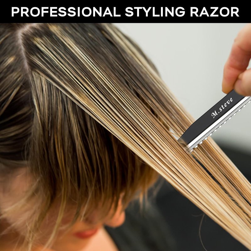M.steve Hair Razors For Cutting Hair 6.89",Professional Styling Thinning Texturizing Cutting Razor with Replacement Blades,Ideal for Salon/Home -11PCS Black