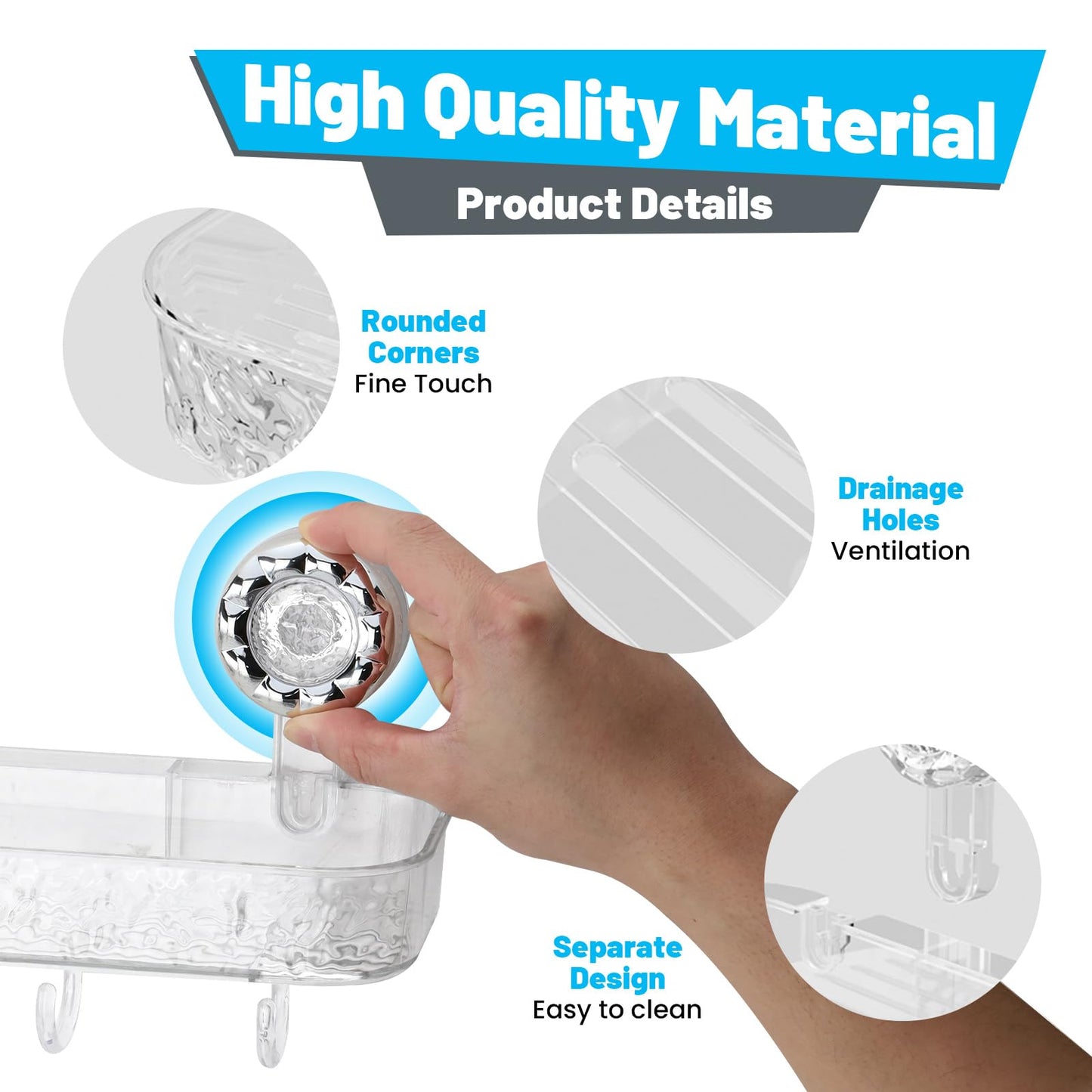 LELE LIFE Suction Cup Shower Caddy - Acrylic Shower Organizer Large Removable Bathroom Shelf, Powerful Suction Basket Bathroom Storage Rack with 4 Hooks, Clear