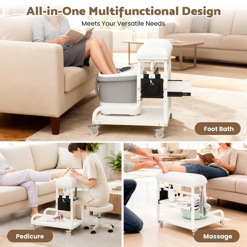 Adjustable Pedicure Foot Rest with 3-Level Height, PU Cushion, Storage & Locking Wheels, Mobile Pedicure Cart Foot Bath Trolley for Foot Bath, Salon & Spa (White)