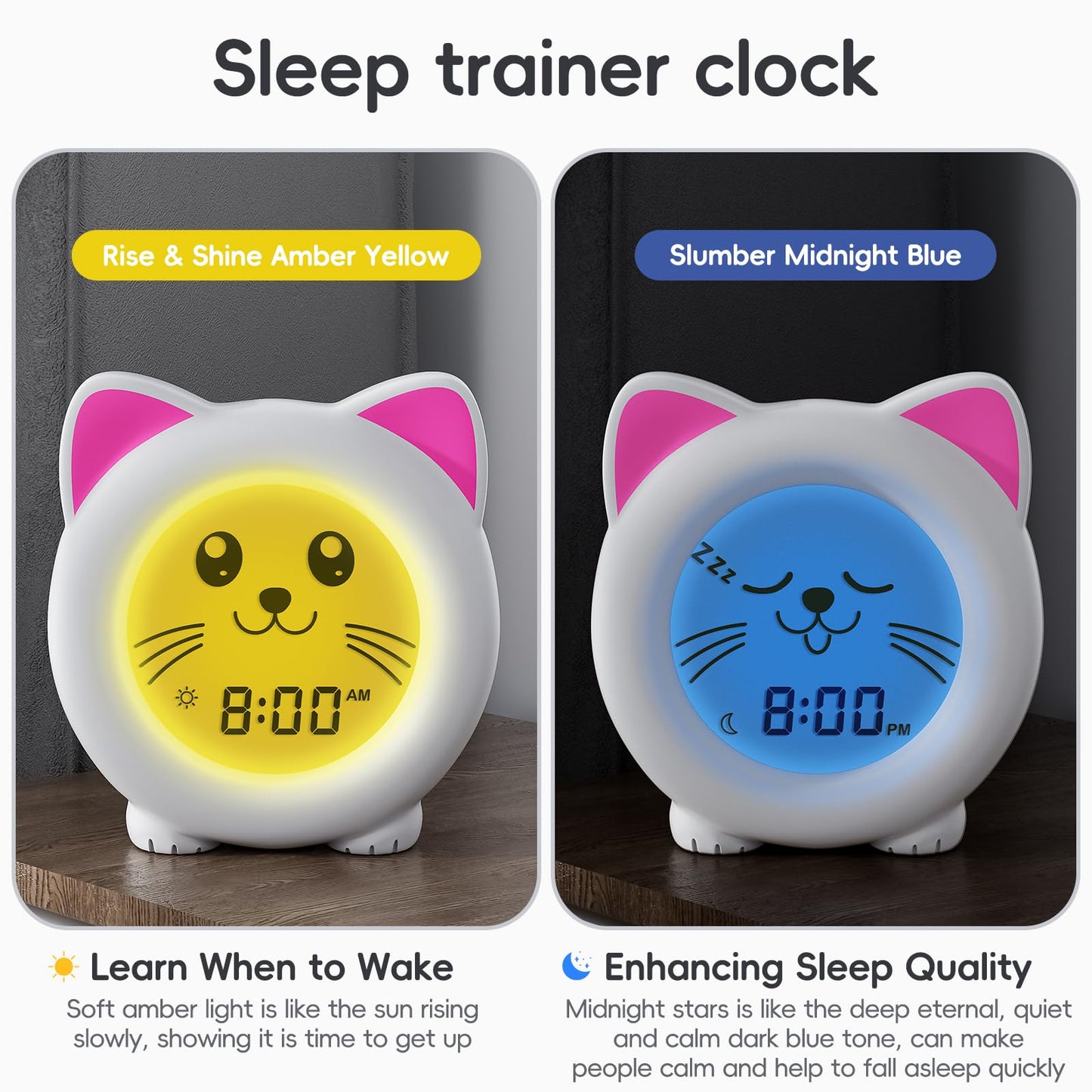 B&H Sleep Trainer Clock for Toddler - Rechargeable Kid Ok to Wake Clock, Cute Cat Girls Alarm Clock, Drop Proof, Night Light, Science-Backed Lighting for Peaceful Sleep and Ready to Rise Mornings