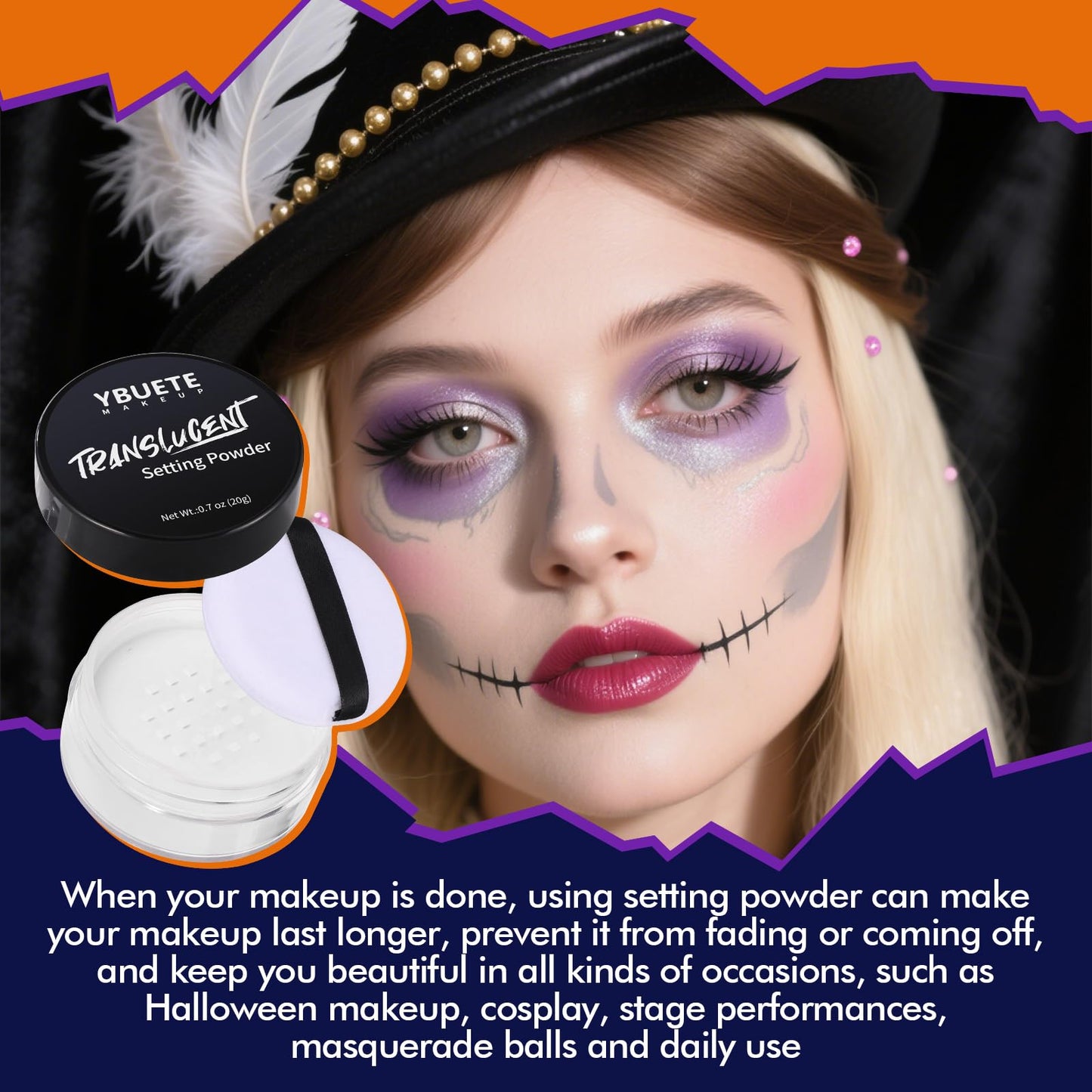 YBUETE Translucent Loose Face Powder, Long Lasting Matte Finishing White Face Paint Setting Powder, Oil Control Natural Talc-Free Setting Powder with Sifter for Halloween SFX Carnival Cosplay Makeup