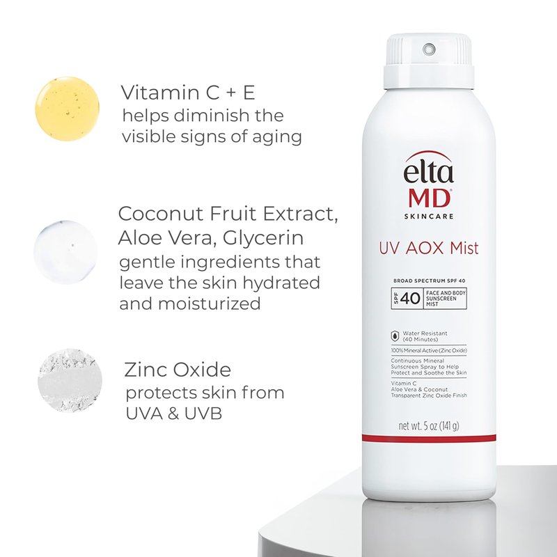 EltaMD UV AOX Mist Mineral Sunscreen Spray SPF 40, Broad Spectrum Face and Body Sunscreen with Zinc Oxide, 100% Mineral Active, Hydration Boost with Antioxidants, Moisturizer with SPF 40, 5 oz
