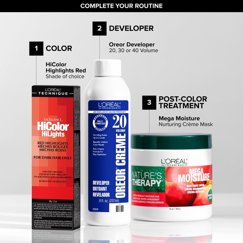 L'Oréal Technique HiColor Red HiLights - Permanent Hair Color for Dark Hair, Intense Red Highlights, No Pre-Lightening Required, Rich, No-Drip Crème, Quick Processing Time, Red