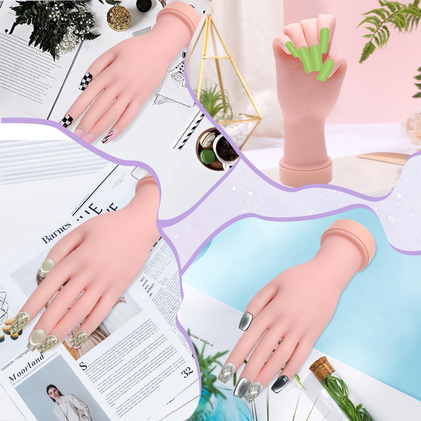 Zhaoyao Practice Hand for Acrylic Nails, Nail Practice Hand with 100 Pcs Nail Tips 120 Pcs Double-side Jelly Glue Stickers Bendable Fake Hand Mannequin Hand for Nail Practice Manicure Beginners