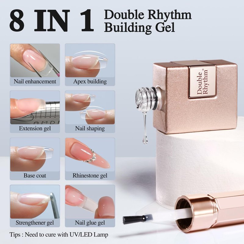 Double Rhythm 0.5Oz Nail Strengthener Rubber Gel Polish Gel Nail Polish in a Bottle for Nail Thickening Extension Hard Structure Glue (Clear Builder-8 in 1-1)