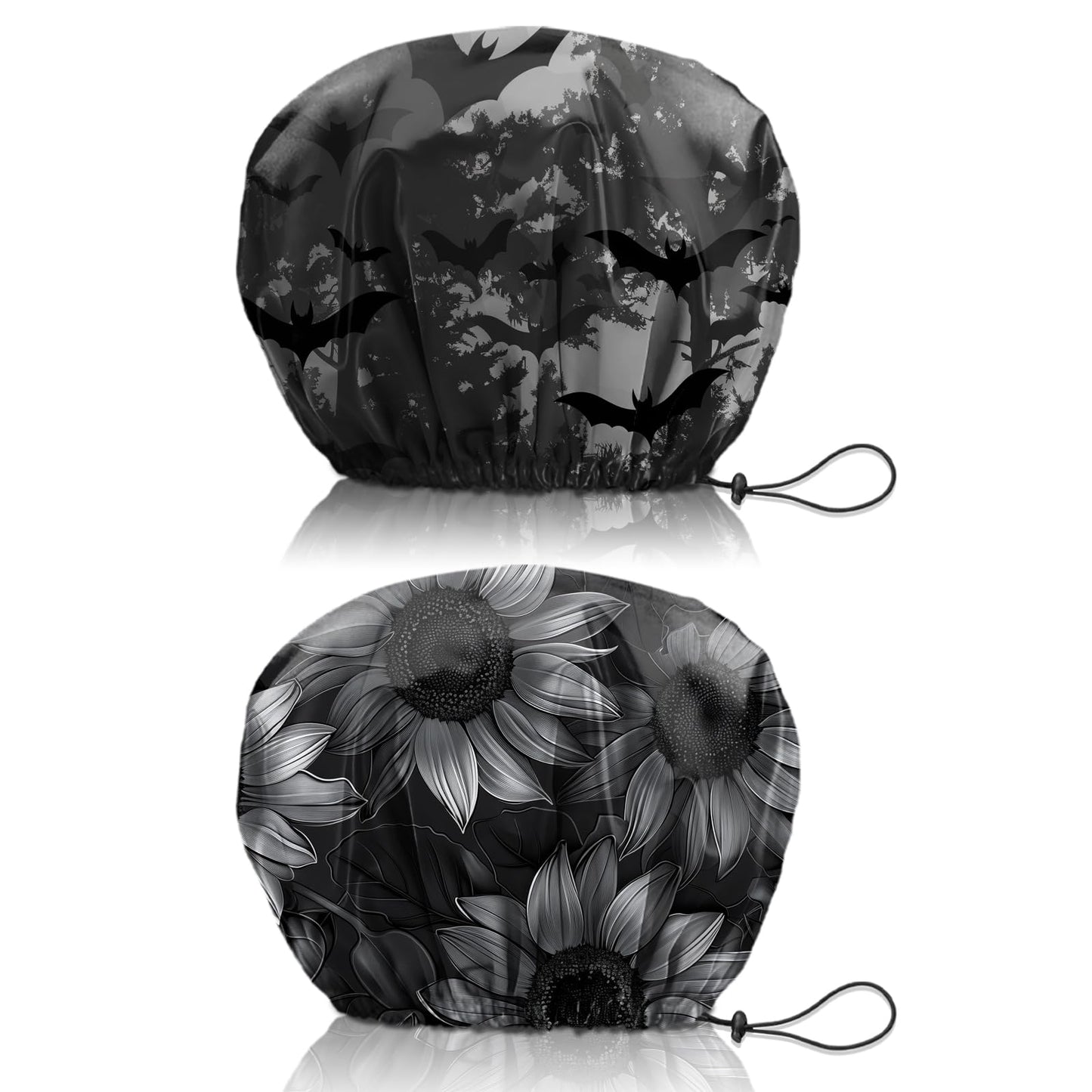 Cabreche 2 PCS Shower Cap Reusable Waterproof Double Layers Hair Caps Shower Bath Adjustable Elastic Hat for Women Girls Cute Aesthetic-Bat Sunflower