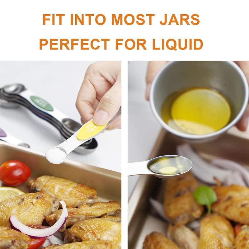 Magnetic Measuring Spoons Set - Stainless Steel Stackable Dual Sided Teaspoon Tablespoon for Measuring Dry and Liquid Ingredients, Measuring Spoons for Cooking & Baking, Fits in Spice Jars, Set of 8
