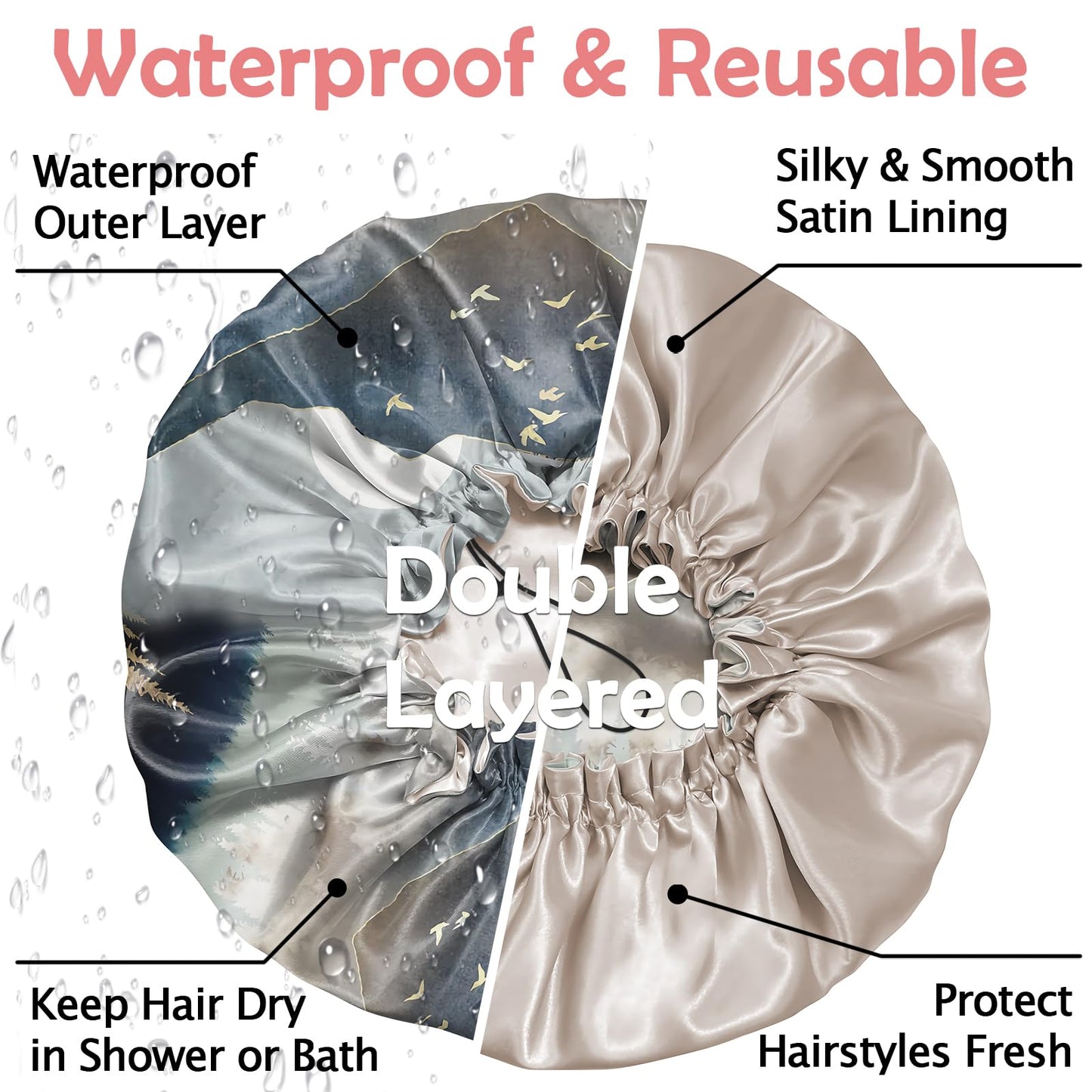 Cabreche Luxury Shower Cap Satin Silk Lined Adjustable Elastic Reusable Waterproof Shower Bath Cap Cute for Women Girls-Forest