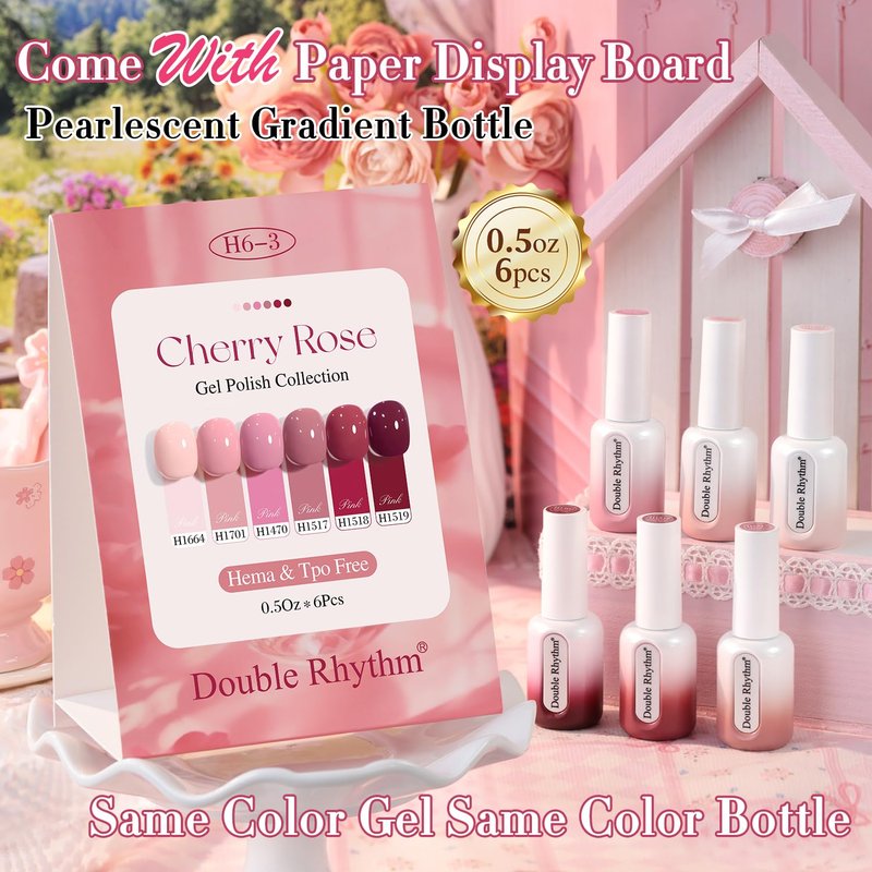 Double Rhythm Gel Polish Set - 6 Pcs Hema-Free Soak Off Nail Art Kit | Neutral Milky Colors (Nude Pink, Rose, Burgundy) 0.50 OZ