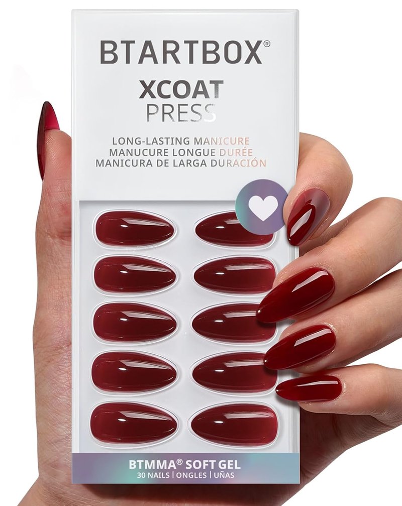 Press On Nails - Almond Shape Dark Red Medium Soft Gel | 32 Stick-On Nails Kit in 16 Sizes