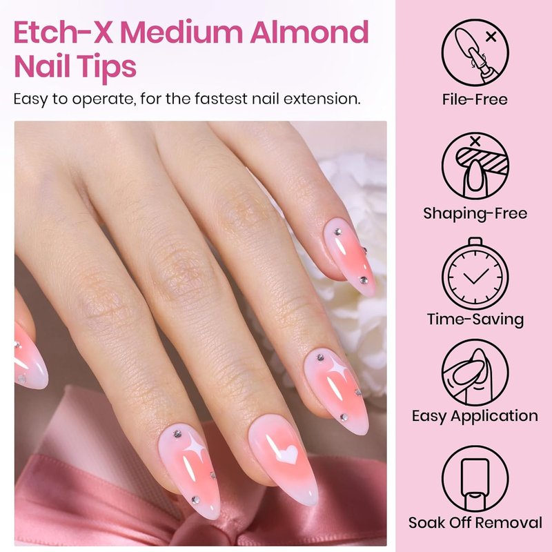 Beetles Medium Almond Nail Tips - 576pcs Pre-Etched Soft Gel | Half Matte Full Cover DIY Extensions