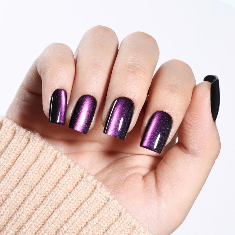 Purple Cat Eye Press On Nails Square - Dark Purple Short Square Fake Nails, Short Cateye Press On Nails Reusable Stick On Nails in 16 Sizes, 32pcs False Nail Kit for Women & Girls(Silent Amethyst)