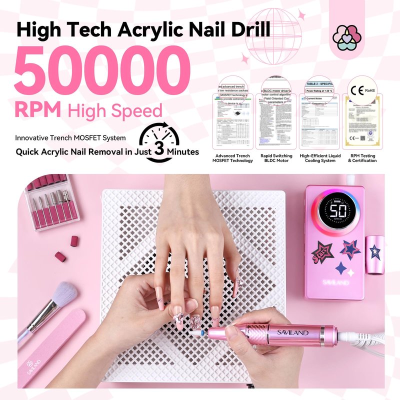 SAVILAND 50000RPM Professional Nail Drill: 2026 Rechargeable Electric Nail File 6000mAh Nail Filer Electric for Manicure Pedicure Shaping & Acrylic Removal Salon Use Drill para Uñas Profesional