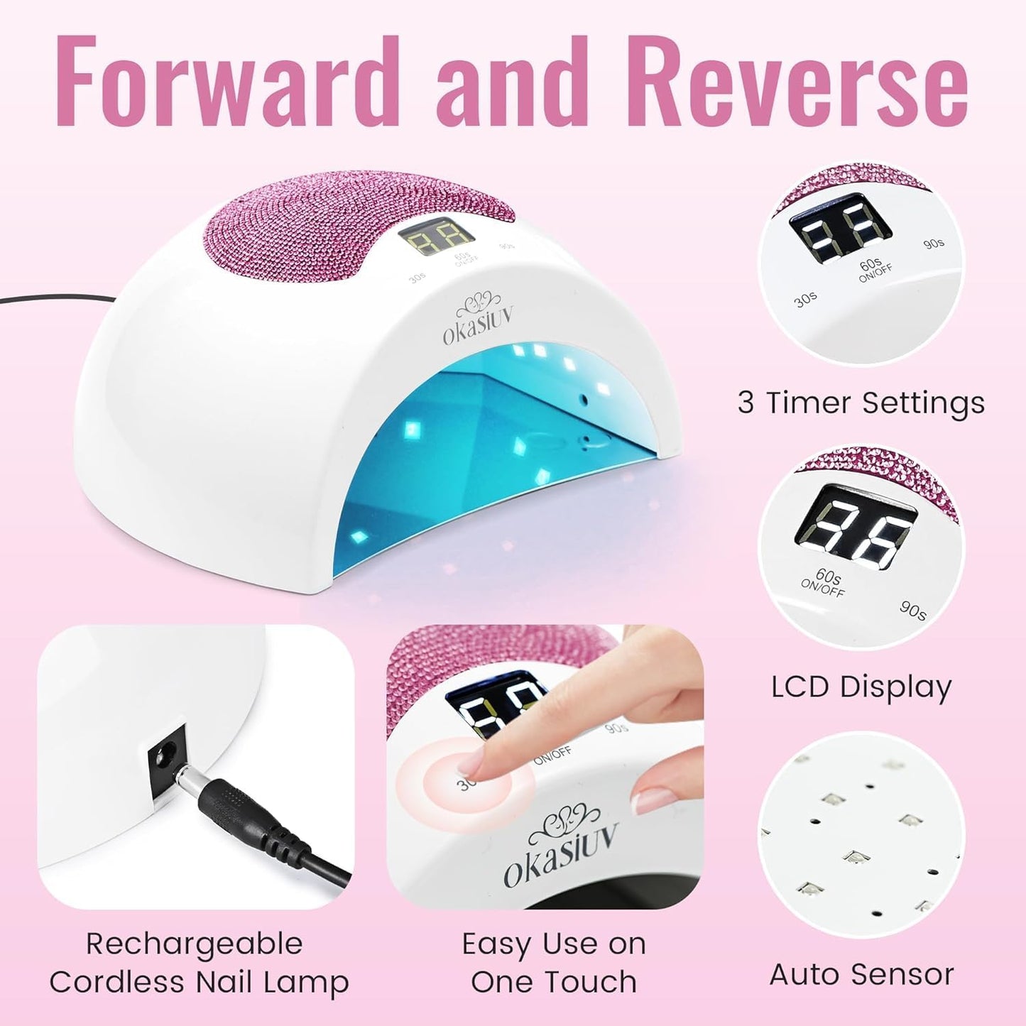 Skiennix Rechargeable UV LED Nail Lamp - Diamond Design, Touch Control, 3 Timer Settings, Fast Curing for All Gel Polishes