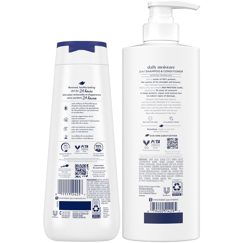 Dove 2-in-1 Shampoo & Conditioner, Daily Moisture Body Wash – Deep Hydration for Revitalizing Dry Hair and Skin (2 Piece Set)