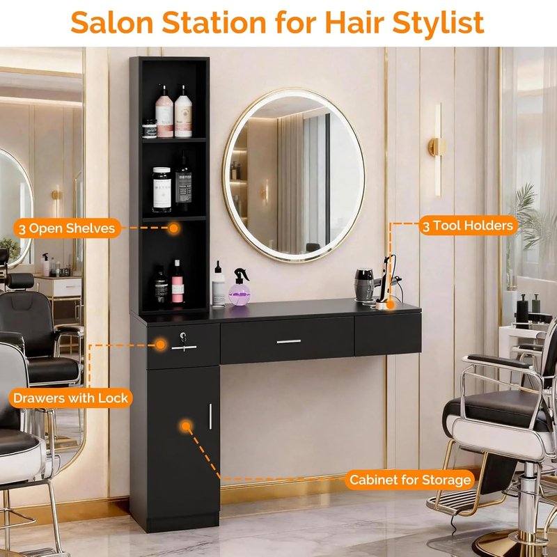 OmySalon Wall Mount Barber Station - Stylish Hair Styling Equipment with Storage Cabinet, 2 Drawers & 3-Tier Shelf (Black)