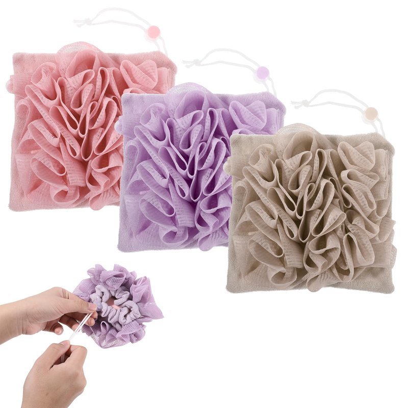 HJZHII 3Pcs Loofah Washcloth Combo 2 in 1, Bar Soap Loofah Pouch Can Hold Soap Exfoliating and Reusable Shower Sponge for Bathing