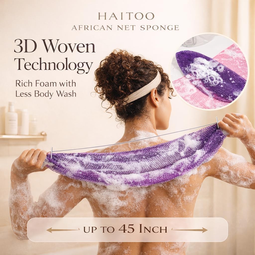 African Net Sponge Authentic, 3 Pieces African Exfoliating Net Sponge Body Back Scrubber Exfoliating Washcloth for Shower Bath for All Types (Black+Brown+Pink, 3 Pcs)