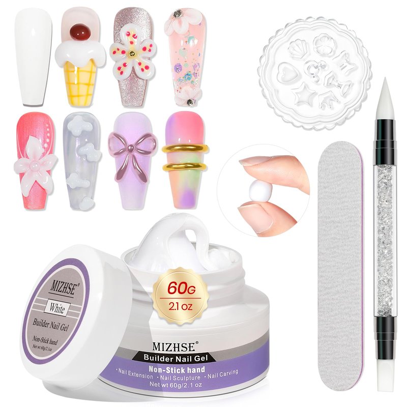 MIZHSE 60g White 3D Gel Nail Art Sculpting, Solid Builder Gel for Nails Non-Sticky Carving Molding Hard Extension Gels Soak Off U V LED for Salon Manicure Home DIY