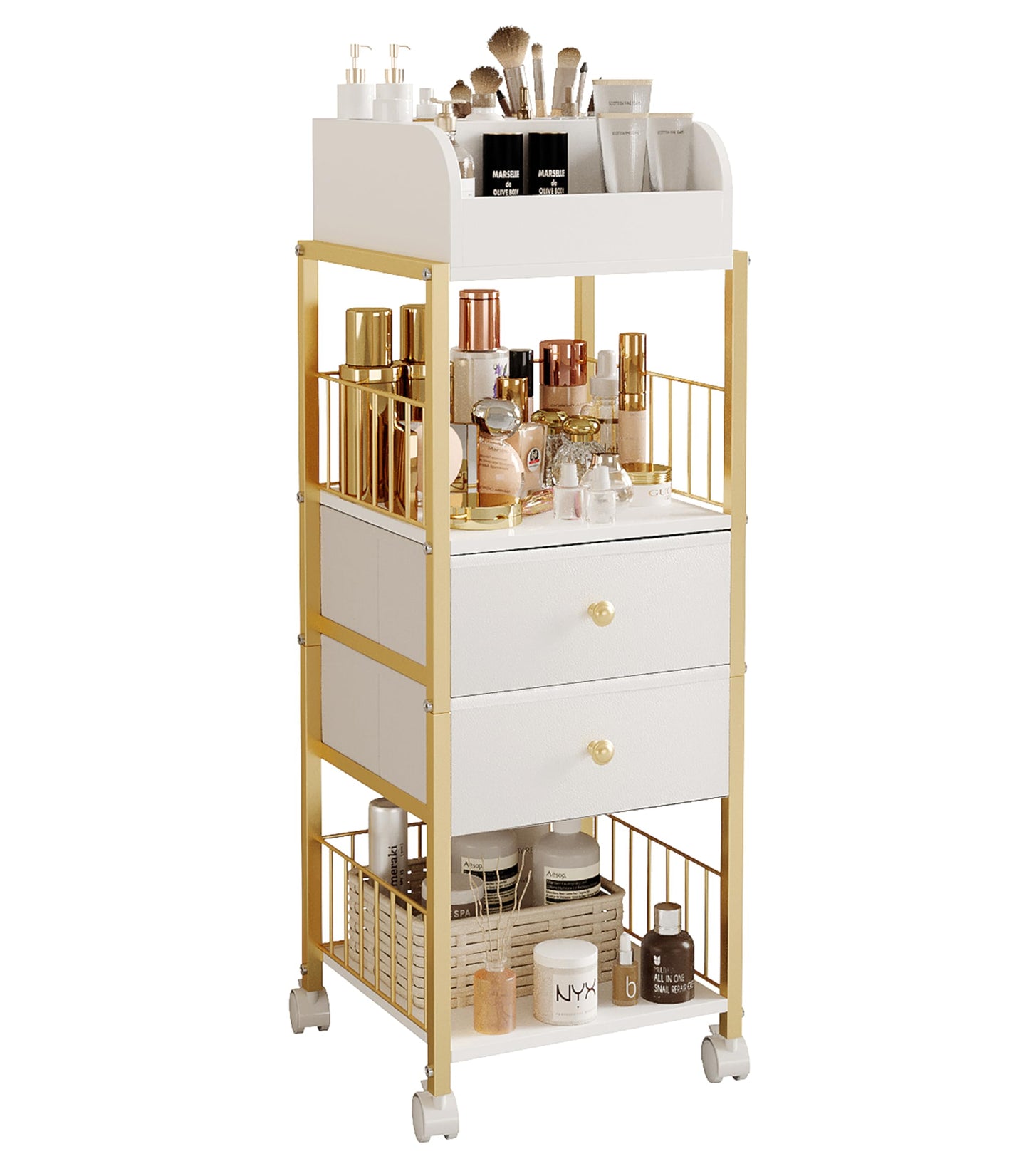ZQUYAJ Makeup Organizer Storage Cart, Large Skincare organizers, Makeup Stand with Drawers, Makeup Vanity Organizer Cosmetics Display Cases Holder for Skin Care Nail Polish Perfume Makeup Brush (Gold)