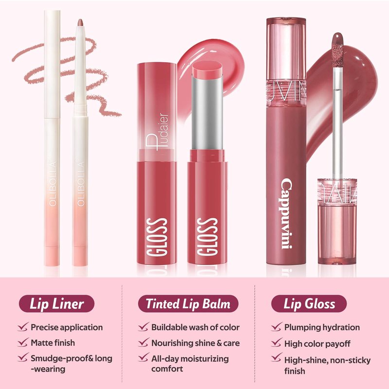 3 Pack Lip Combo Set - Matte Lip Liner Pencil + Hydrating Tinted Lip Balm + Plumping Lip Gloss, Non-Sticky, Long-Lasting, 3-in-1 Lip Makeup Kit for Plump, Hydrated & Glossy Lips (Sweet Fig Set)