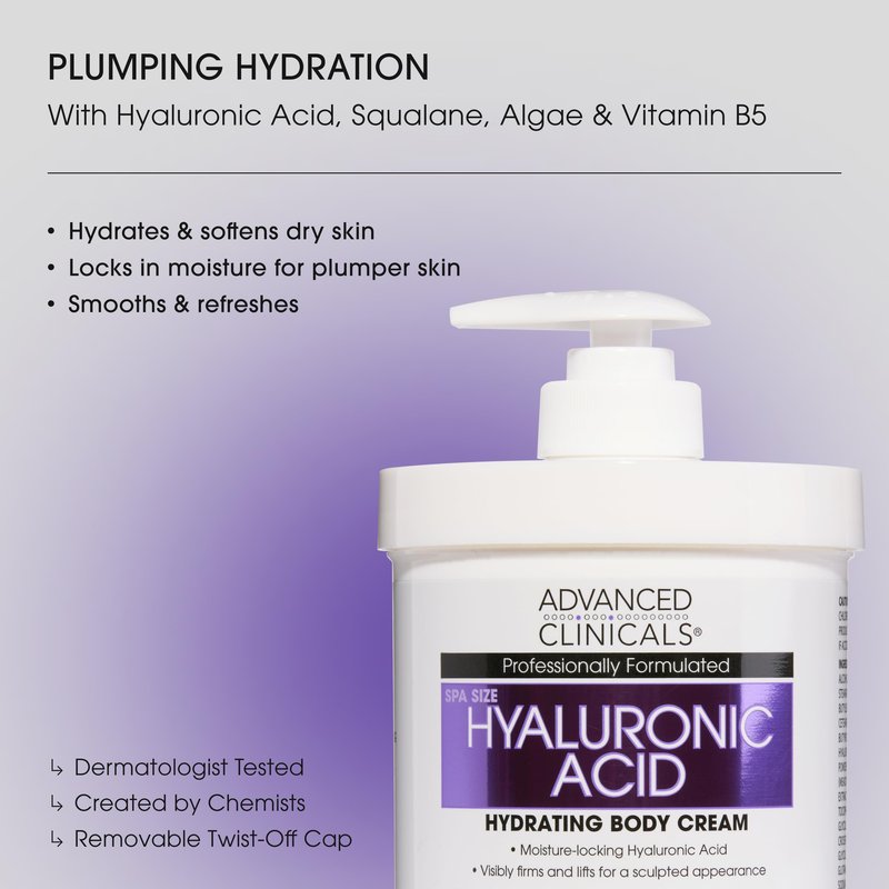 Advanced Clinicals Hyaluronic Acid Moisturizer Body Cream | Hydrating Cream & Body Lotion For Women & Men To Help Improve Look of Wrinkles, Stretch Marks, Dry Skin, & Crepey Skin, 16OZ + Travel Size