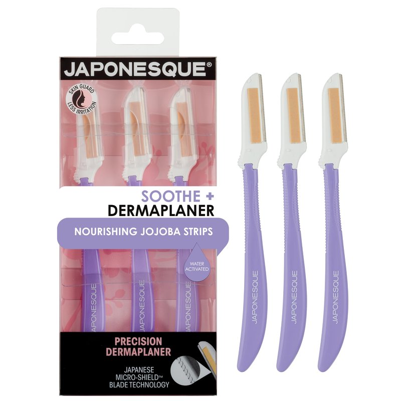 Japonesque Soothe+ Disposable Dermaplane Razor for Women Face; Facial Exfoliation, Hair Removal, Eyebrow Razor & Face Shaver for Women & Men. With Nourishing Jojoba. Stainless Steel Shave Tool Kit 3pc
