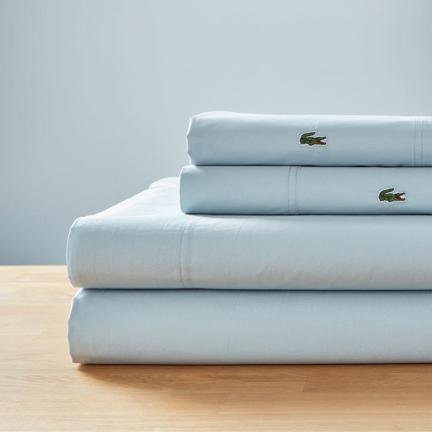 Lacoste 100% Cotton Percale 3-Piece Sheet Set – Lightweight and Ultra-Soft Bedding with Deep Pockets, Wrinkle-Resistant, Hypoallergenic and Durable, Oeko-Tex Certified – Breeze Blue, Twin Extra Long