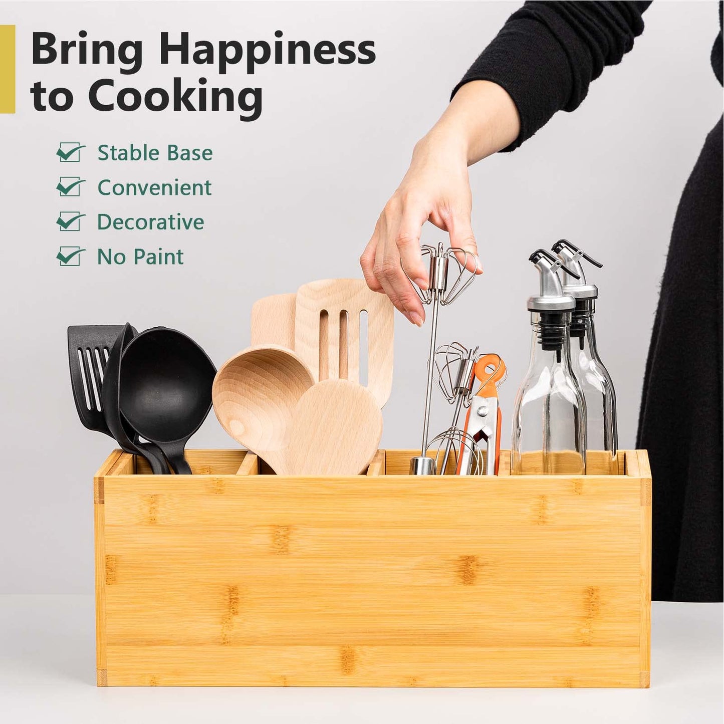Yumkfoi Extra Large Bamboo Utensil Holder, 4 Section Kitchen Utensil Organizer for Countertop, Cooking Utensil Caddy Farmhouse Utensil Holder