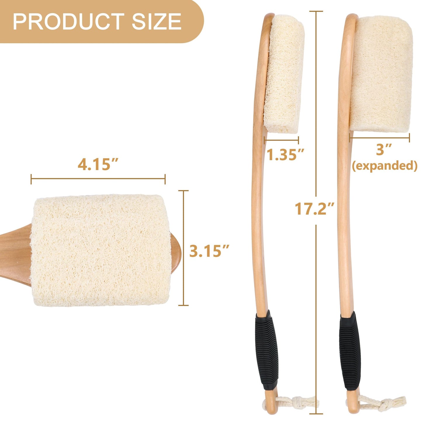 OWIIZI Back Loofah Scrubber Brush with Long Handle, Hard Loofa Sponge Body Bath Scrubber for Shower, Natural Luffa Skin Exfoliating On a Stick for Men Women Elder
