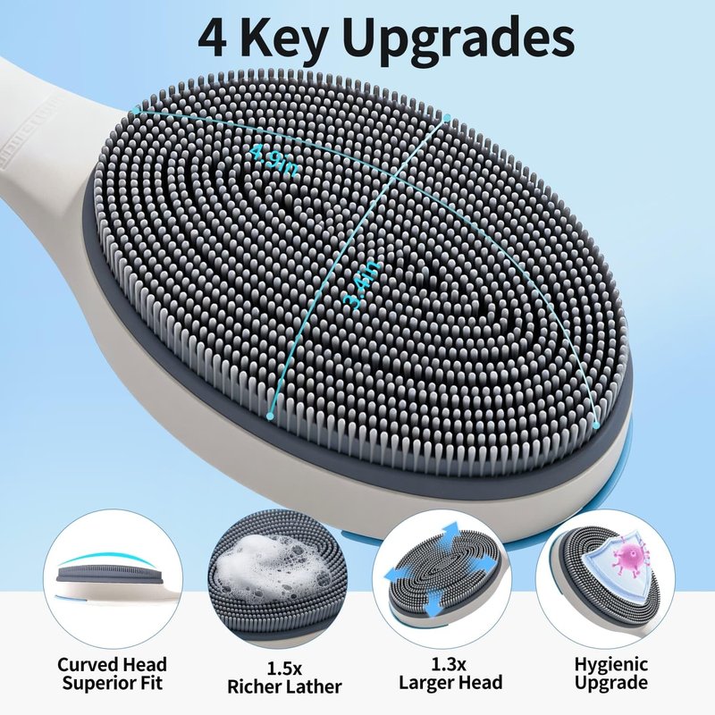 BUBBLEDANCE® Extendable Silicone Back Scrubber (17.5" to 32") – 2-Hand Grip for 4X Power, Curved Stiff Bristles, Non-Slip Long Handle Shower Brush for Deep Exfoliation - White (Stiff Bristles)