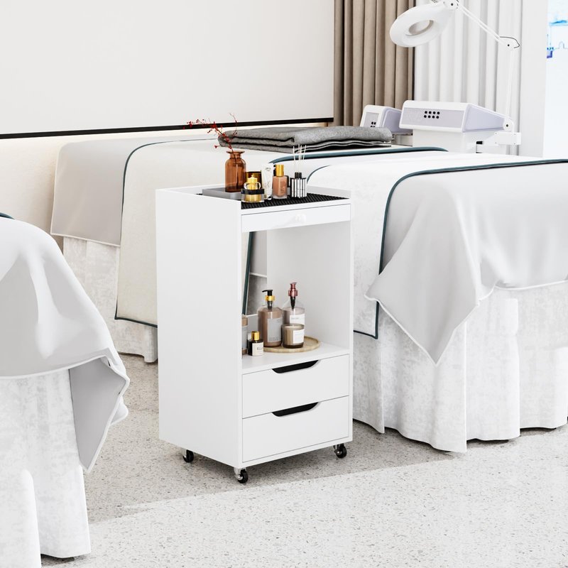Salon Trolley Cart with Wheels, Esthetician Cart with Non-Slip Pads Drawers, Wood Mobile Storage Organizer for Beauty Spa Tattoo Esthetic Clinic Dental Salon Lab, White