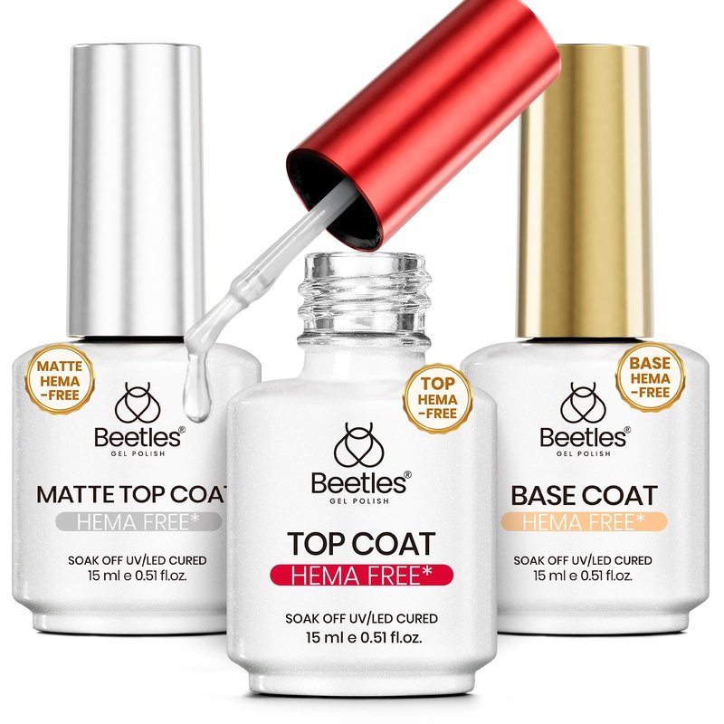Beetles Gel Base and Top Coat Set with Matte Top Coat – 3 Pcs No Wipe Gel Nail Polish Kit, Glossy & Matte Finish, HEMA Free UV LED Soak Off Long Lasting Manicure Essentials