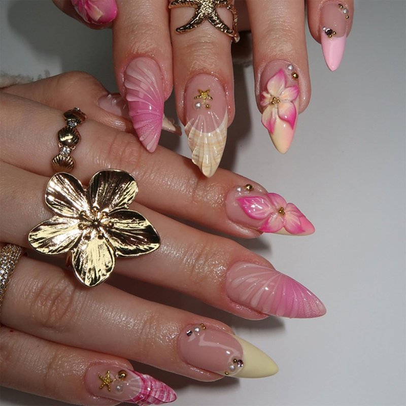 24Pcs Pink Flower Press on Nails Medium Almond Fake Nails with Gold Pearl Rhinestones Designs Cute Glue on Nails Yellow French Tip False Nails Summer Full Cover Artificial Stick on Nails for Women
