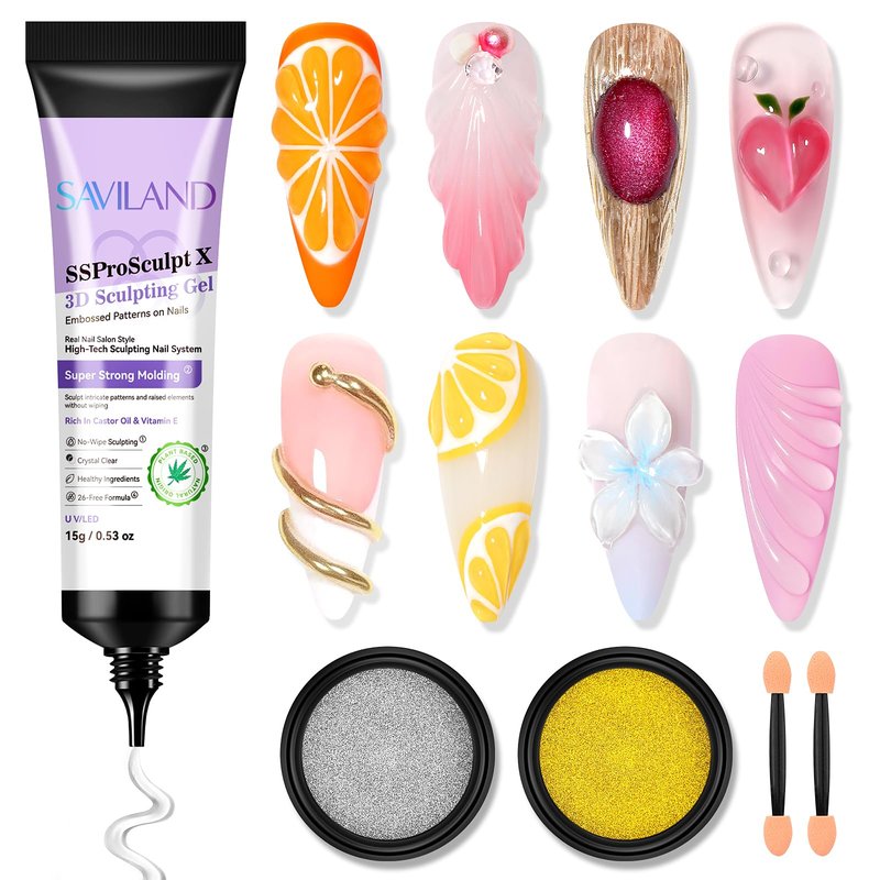 SAVILAND Clear 3D Nail Gel Kit: 15g No Wipe 3D Sculpting Gel with Metallic Gold Silver Chrome Powder for Nail Art Carving, Molding & Painting Home DIY Salon Manicure Supplies