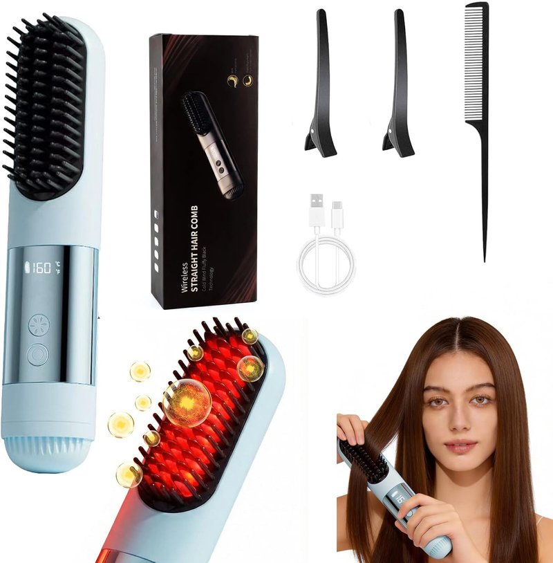 Go Brush Pro Hair Straightener Brush - Portable Cordless Design with LED Display & Cool Air Setting | Travel-Friendly Blue