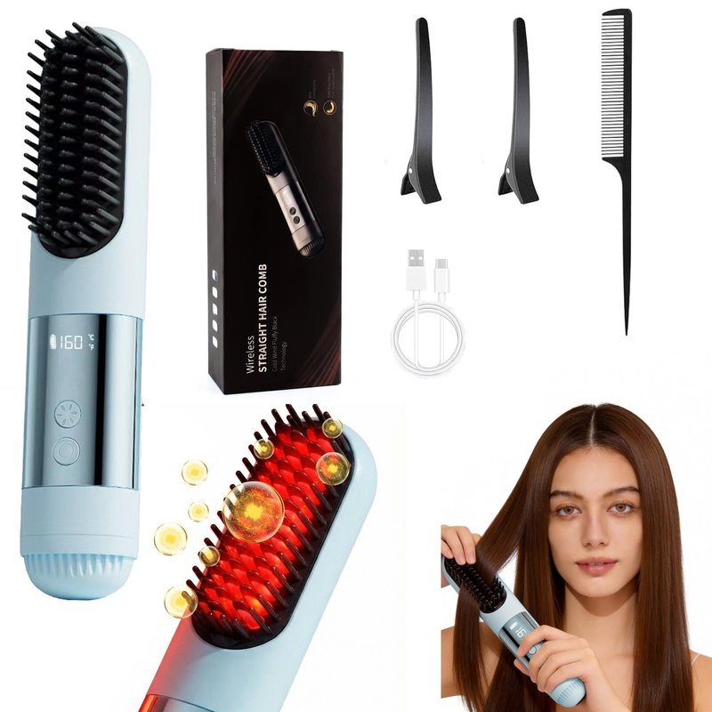 2026 New Go Brush Pro - 3 Temps Portable Cordless Hair Straightener Brush for Travel, 30s Fast Heat & Led Digital Display(°C/°F), Cool Air Setting On the Back(Blue)