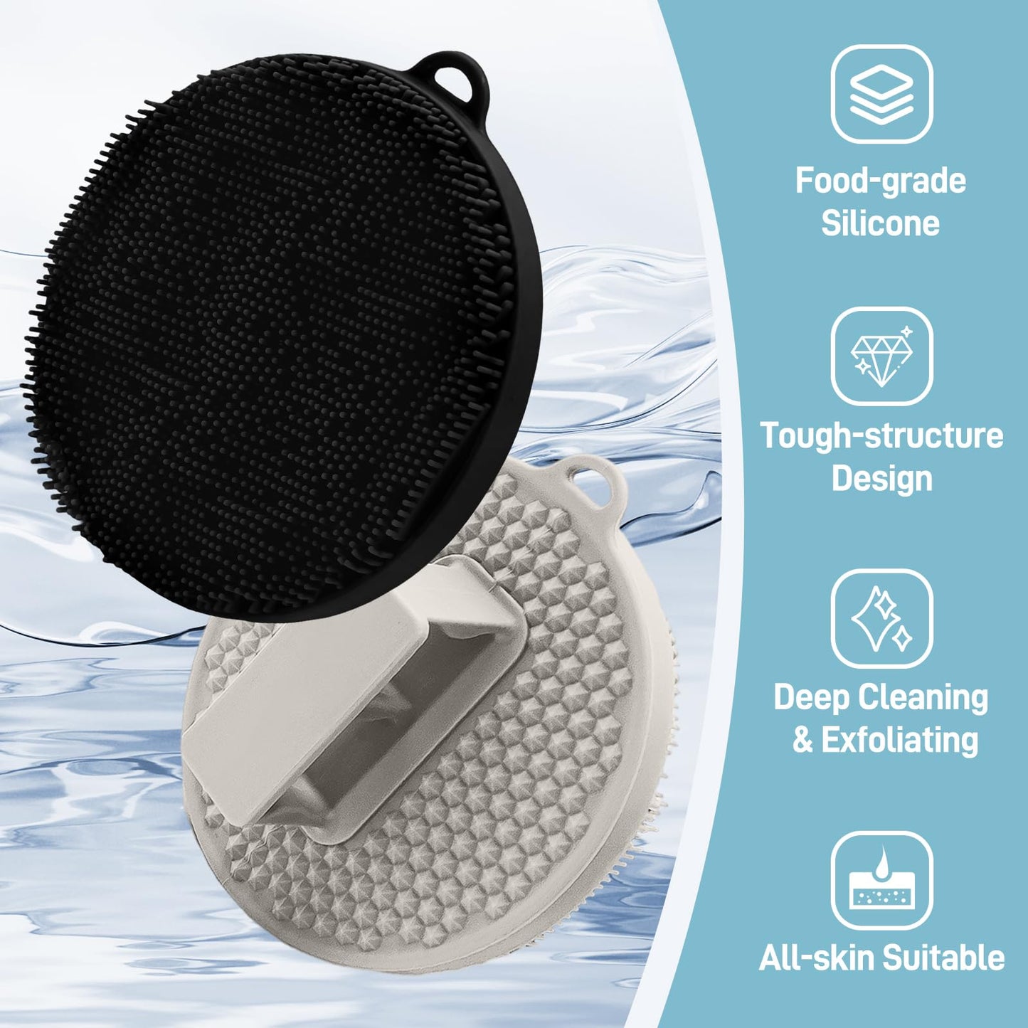 GEENOA Silicone Body Scrubber 2PCS, Durable Silicone Loofah with Waved Bristles and Non-Slip Handle, Hygienic Body Buffer Shower Scrubber for Gentle Exfoliating & Lathering(Black+Lgray)