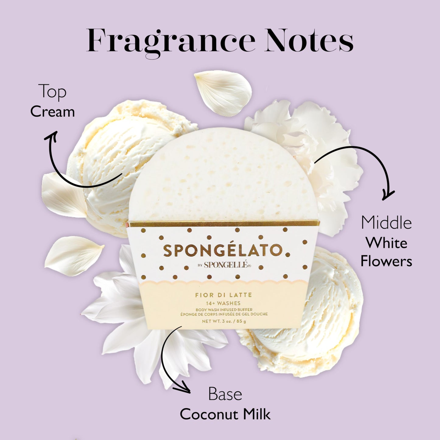 Spongellé Fior de Latte (Vanilla) Spongélato Bath Sponge | Built-In Body Wash & Body Scrubber, Shower Loofah Sponge for Women | 14+ uses
