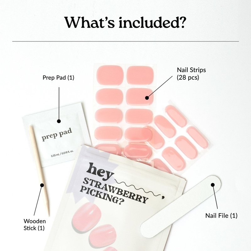 Heyhae Semi Cured Gel Nail Strips | No LED Lamp Needed | Solid, Pink, Spring | Easy Apply & Remove, Salon Quality | Includes 28 Strips, 1 Prep Pads, Nail File & Wooden stick - Hey, Strawberry Picking?