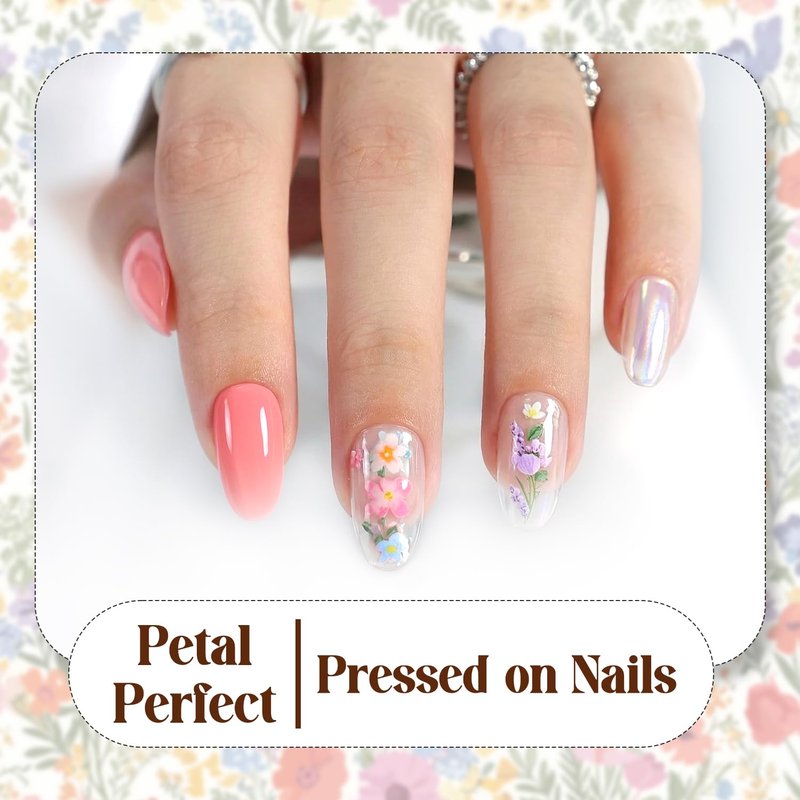Profusion Cosmetics Petal Perfect 28PC Press on Nails Medium Coffin Fake Nails, Glossy False Nails with Pink, Chrome & Floral Designs, Reusable Coffin Nails with Glue Tabs