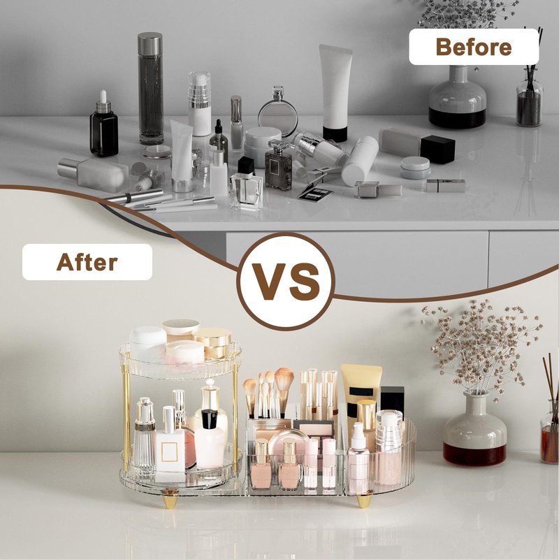 Makeup Organizer Countertop for Vanity, Rotating Perfume Tray with 5-compartment Cosmetic and Skincare Organizers, Multi-Purpose Desk Storage Makeup Brush Holder for Bathroom Bedroom Counter