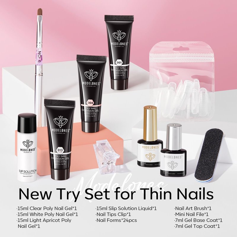 Modelones Poly Gel Nail Kit 3 Colors Clear White Apricot with Slip Solution Dual Nail Forms Top Base Coat Extension Builder Gel Polygel Toenail Kit DIY Nail Art Salon Use